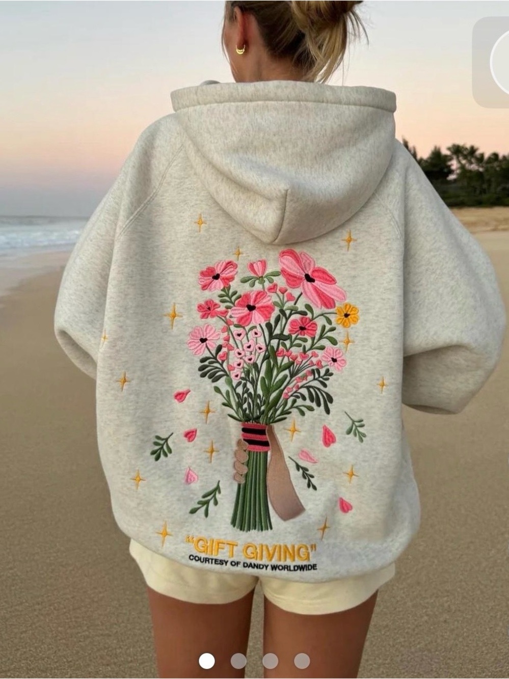 Dandy Gift Giving Embroidered Floral Bouquet Hoodie — Cream with Pink & Green